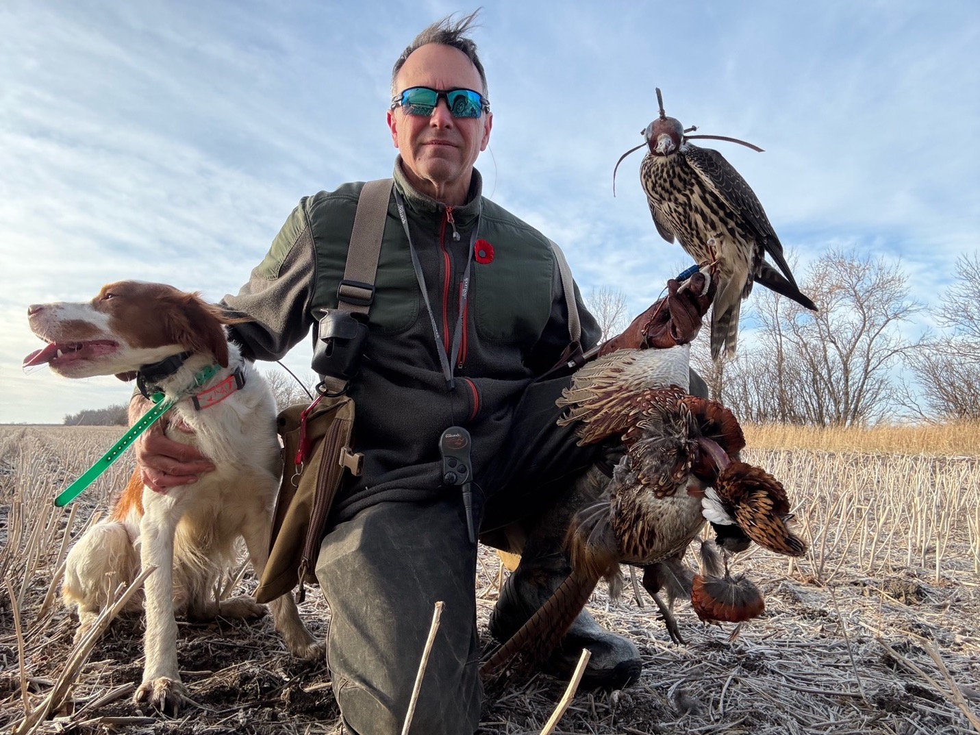 The Team — Mark with Brittany and hooded falcon